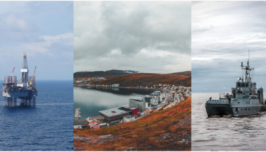 «Montasje med tre bilder: en offshore oljeplattform til havs, en kystby ved sjøen og et militært fartøy som seiler på åpent hav.