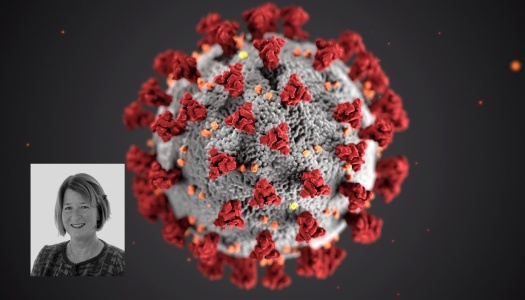 Illustrasjon av koronaviruset med røde pigger på en grå kuleformet overflate. Nederst til venstre er et innfelt svart-hvitt portrett av en kvinne.