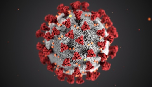 3D illustration of the SARS-CoV-2 virus, showing a spherical gray particle covered with red spike proteins and small orange surface proteins on a dark background.