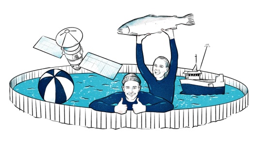 Tegning av to personer i en stor vannfylt innhegning. Den ene holder en stor fisk over hodet, mens den andre viser tommel opp. I vannet flyter en badeball, en satellitt og et skip.