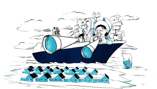 Tegning av et stort cruiseskip fullt av turister som ser på en arktisk bosetting gjennom store kikkerter. En isbjørn står overrasket på et lite isflak i forgrunnen.