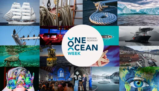 Collage med hvit sirkel i midten som har blå tekst «ONE OCEAN WEEK Bergen Norway 2025», omgitt av maritime motiver som seilskip, tauverk og knuter, isbreer, undervannsliv og teknologisk utstyr, samt bilder av Bergen havn, festivalpublikum, fargerikt malte hender og et kunstnerisk jordklode-øyebilde.