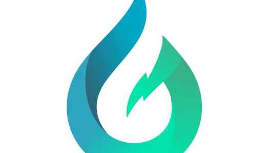 Abstrakt flamme-/dråpeform med to overlappende elementer: en ytre flamme i gradient fra mørk blå til turkis og en indre flamme i grønn til turkis med en liten rød aksent, mot hvit bakgrunn.