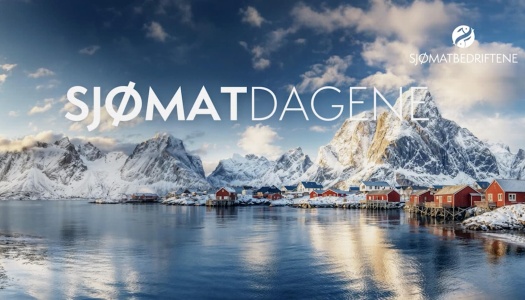 Reklamebanner for Sjømatdagene, med stor hvit tekst «SJØMATDAGENE» over et panoramisk vinterbilde av nordnorsk landskap: snødekte fjell, tradisjonelle røde rorbuer langs fjorden og en rolig vannflate under en blå himmel. I øvre høyre hjørne står navnet «SJØMATBEDRIFTENE» med en liten fiskelogo.