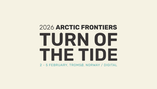 Grafisk plakat med teksten «2026 Arctic Frontiers – Turn of the Tide» og datoen «2–5 February, Tromsø, Norway / Digital» på lys bakgrunn.