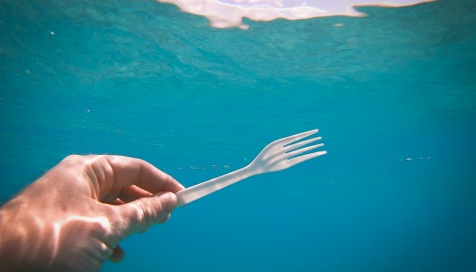 Et undervannsfoto av en hånd som holder en plastikkgaffel.