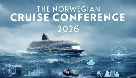 Banner for «The Norwegian Cruise Conference 2026» med stor hvit tekst over et stormfullt hav der et cruiseskip seiler i bakgrunnen, illustrert med futuristiske dataelementer og kompassgrafikk.