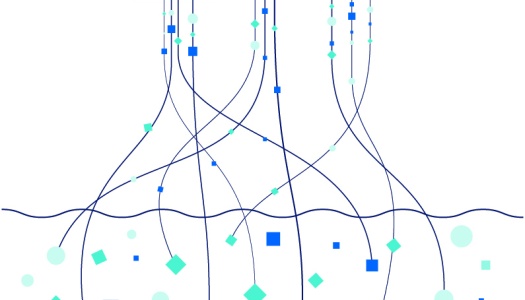 Grafisk illustrasjon med geometriske former koblet sammen av linjer, som symboliserer dynamisk datadeling og samarbeid mellom aktører.