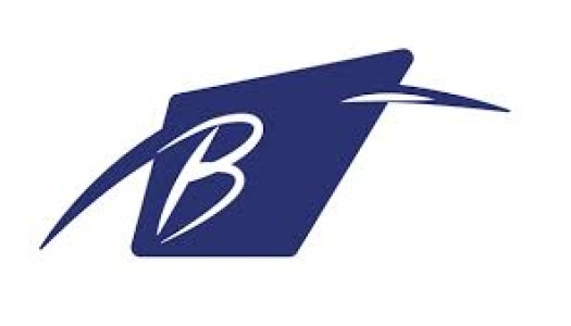 Stilisert blått symbol bestående av en dynamisk kantet form med en sveipende linje over, som danner en kursiv bokstav «B».