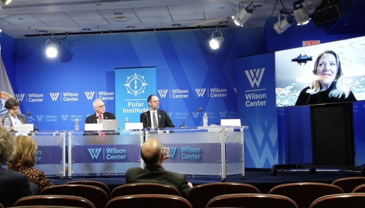 Paneldebatt ved Wilson Center arrangert av Polar Institute, med tre deltakere på scenen og en kvinne som deltar via videolink på skjerm.