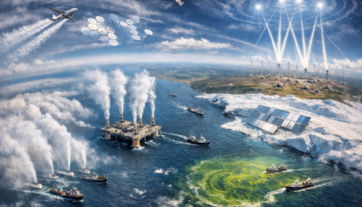 Konseptillustrasjon av geoengineering: fly sprayer partikler, skip skaper skyer, havgjødsling, romspeil og antenner som påvirker atmosfæren i et futuristisk klimascenario.