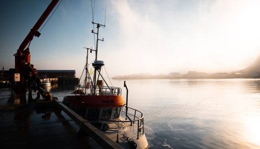 Båt ligger til kai i en liten havn i lavt sollys.