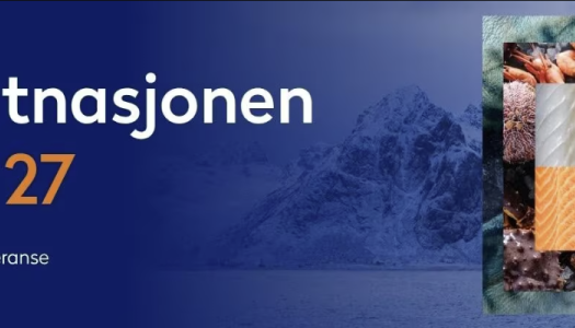 Header med teksten 'Sjømatnasjonen Norge 27'. Fjell i bakgrunnen. En liten fiskecollage i høyre hjørne. 