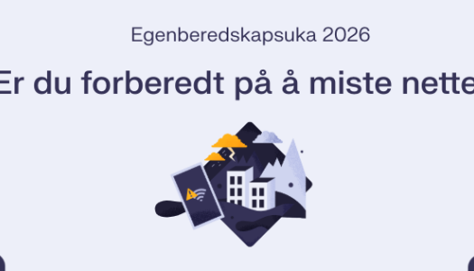 Egenberedskapsuka 2026 – Er du forberedt på å miste nettet?». Motivet viser et hus og en mobiltelefon uten nettforbindelse, med fjell i bakgrunnen.