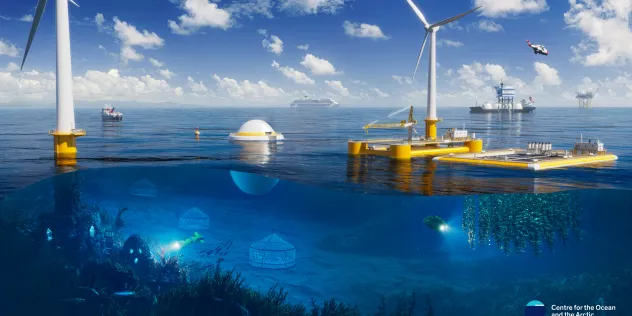 Illustrasjon av et havområde med flytende vindturbiner, skip, plattformer og undervannsaktivitet. Over vannet sees offshore vindkraft, fartøy, helikopter og energiplattformer. Under vann er det marint liv med fisk, oppdrettsbur, undervannsdroner og sjøplanter. Bildet viser samspillet mellom fornybar energi, havbruk og marin teknologi.