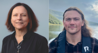 To portretter side om side: en kvinne i mørk skjorte foran nøytral bakgrunn, og en mann med langt hår og redningsvest ute ved sjøen.