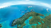 Illustrasjon av Nordkalotten og Arktis sett fra verdensrommet. I havområdene utenfor Norge og Svalbard sees skip, cruisefartøy, oljeplattformer og helikoptre, omgitt av blått hav og iskanter i nord.