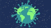 Illustrasjon av jordkloden fremstilt som et koronavirus, med verdens kontinenter synlige og omgitt av viruspigger mot en mørk stjernehimmel.