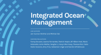 Forsideillustrasjon til rapporten Integrated Ocean Management, med blå bakgrunn og navn på hovedforfattere og bidragsytere.