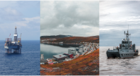 «Montasje med tre bilder: en offshore oljeplattform til havs, en kystby ved sjøen og et militært fartøy som seiler på åpent hav.