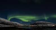 Grønt nordlys på mørk himmel