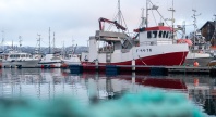 Flere fiskebåter ligger fortøyd ved en kai i en liten havn på en overskyet dag. En rød og hvit arbeidsbåt med kran dominerer forgrunnen, med speilbilde i det rolige vannet. I bakgrunnen sees flere båter og snødekte fjell.